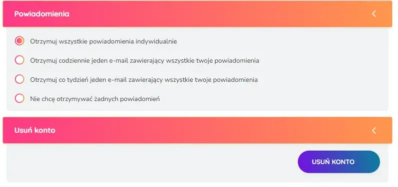 Ustawienia DojrzaleRandkowanie z sekcją Usuń konto