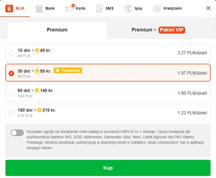 Cennik EroDate po zalogowaniu: 15, 30, 90 i 180 dni Premium