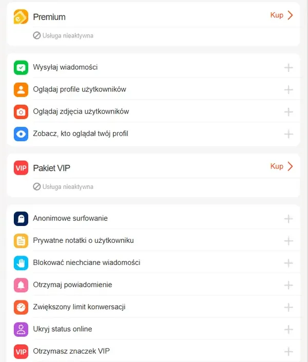EroDate, zakładka Moje członkostwo: funkcje Premium i pakietu VIP