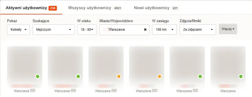 Wyszukiwarka EroDate z licznikami aktywnych, wszystkich i nowych użytkowników