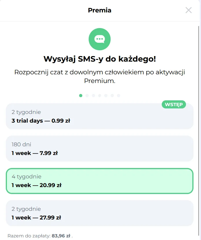 Cennik Premium LoveDateMe po zalogowaniu: 3 dni próbne za 0,99 zł, 180 dni, 4 tygodnie i 2 tygodnie