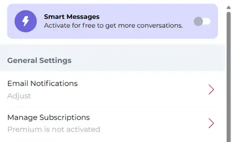 LoveDateMe, ustawienia: „Smart Messages” z przełącznikiem i „Manage Subscriptions — Premium is not activated”