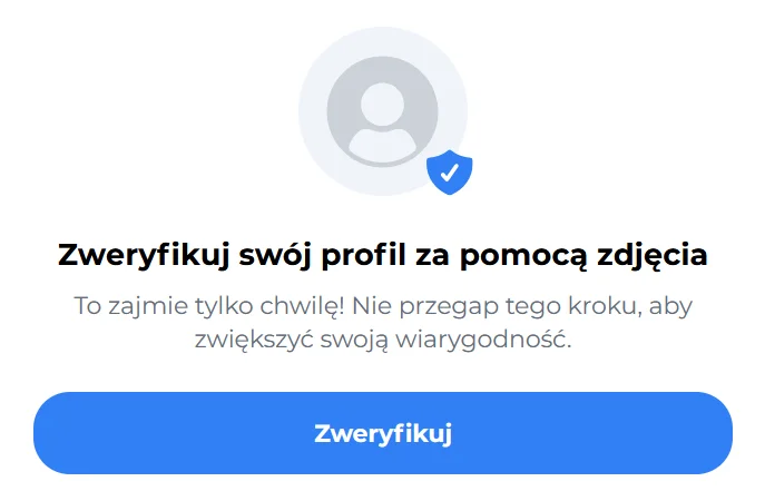 LoveDateMe po zalogowaniu: ekran „Zweryfikuj swój profil za pomocą zdjęcia” z przyciskiem „Zweryfikuj”