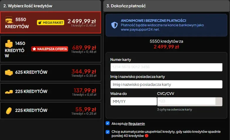 Pakiety kredytów Mojniewolnik od 225 do 5550 kredytów i pole automatycznego uzupełniania kredytów