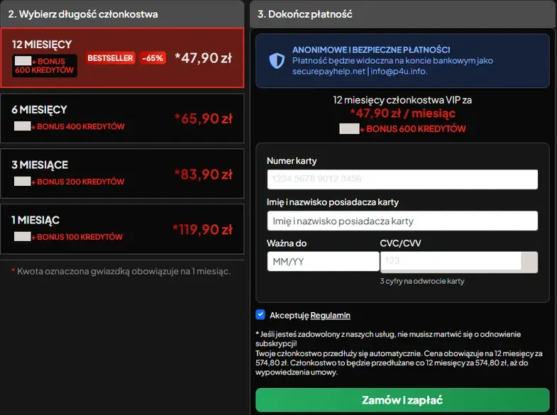 Strona płatności VIP Mojniewolnik: pakiety od roku do miesiąca, opis na wyciągu i informacja o automatycznym odnowieniu