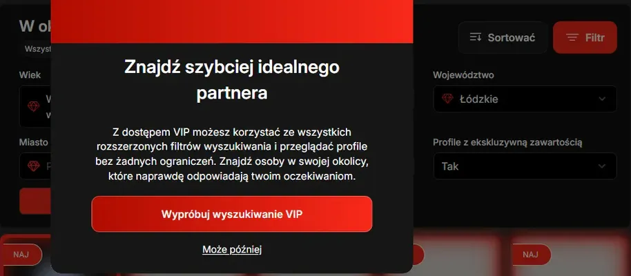 Mojniewolnik, konto Free: filtr z województwem Łódzkie i przycisk „Wypróbuj wyszukiwanie VIP”