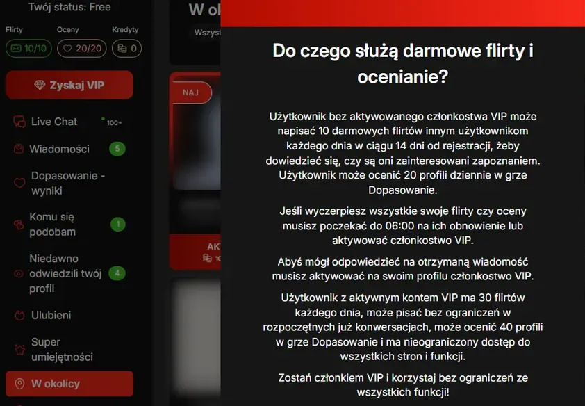 Mojniewolnik: zasady darmowych flirtów i ocen dla kont Free i VIP, obok menu z licznikami