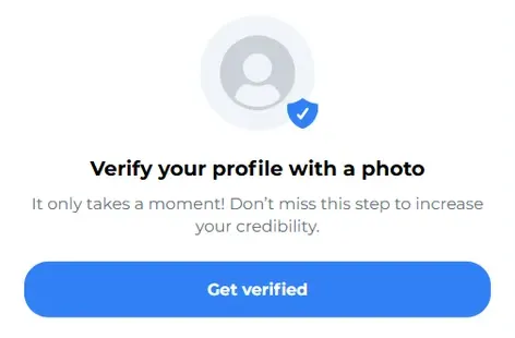 OneAmour: ekran „Verify your profile with a photo” z przyciskiem „Get verified”