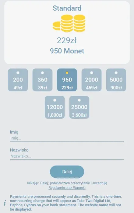 Cennik monet OnlyFlirts po zalogowaniu: siedem pakietów od 200 do 25 000 monet