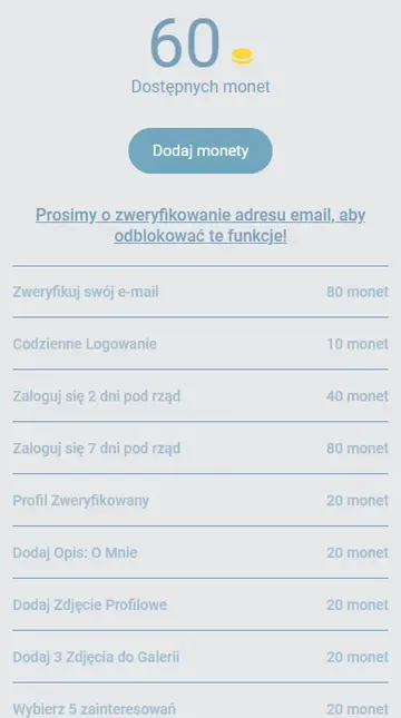 Portfel OnlyFlirts: 60 monet na start i lista zadań z darmowymi monetami
