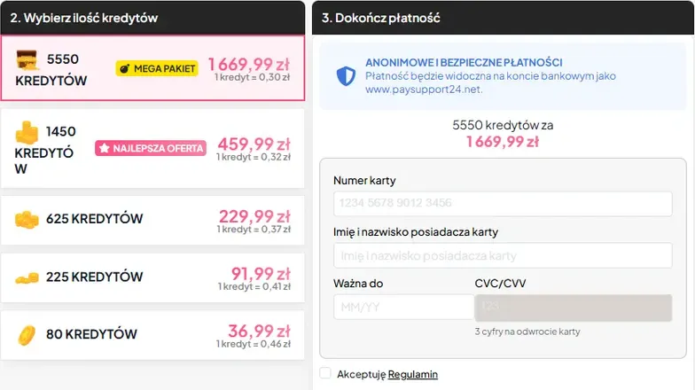 Formularz kredytów PolskieMilf: pięć pakietów od 80 do 5550 kredytów z ceną za sztukę
