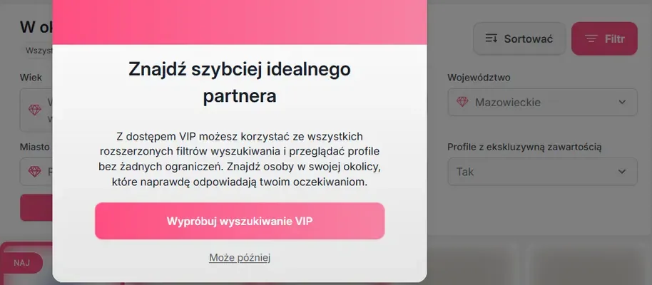 Filtr województwa w PolskieMilf na koncie Free: Mazowieckie i okienko VIP