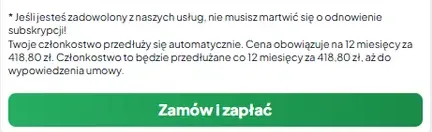 Tekst nad przyciskiem „Zamów i zapłać” w PolskieMilf: członkostwo przedłuża się automatycznie co 12 miesięcy za 418,80 zł, aż do wypowiedzenia umowy