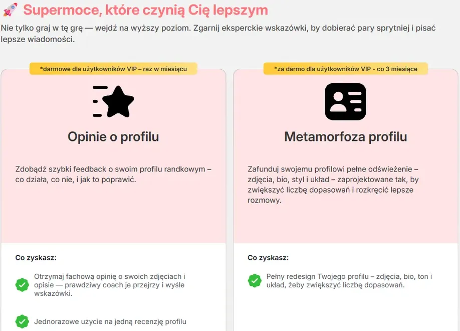 Zakładka Super umiejętności w PolskieMilf: Opinie o profilu i Metamorfoza profilu z dopiskiem o darmowym użyciu dla VIP
