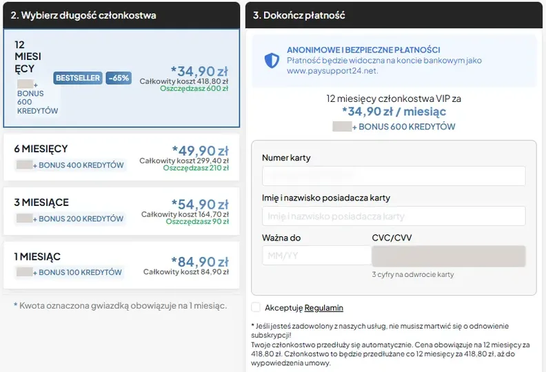 Cennik VIP SamotneSerca po zalogowaniu: pakiety 1, 3, 6 i 12 miesięcy