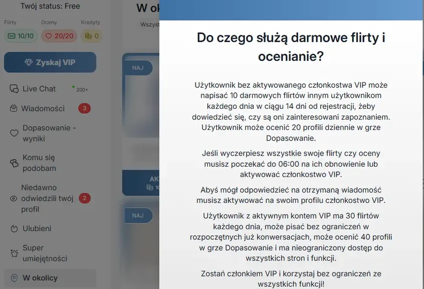 SamotneSerca, konto Free: liczniki flirtów, ocen i kredytów oraz okno z zasadami darmowych flirtów