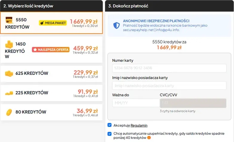 Pakiety kredytów SexPrzyjaciolka od 80 do 5550 kredytów i pole automatycznego doładowania