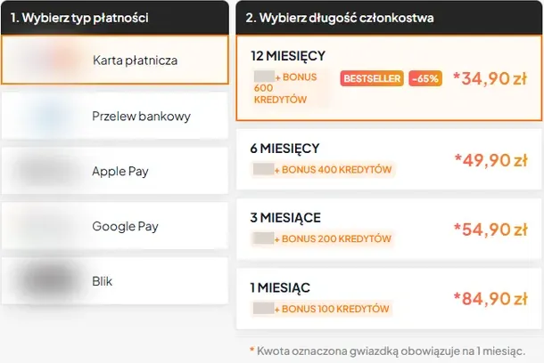 Cennik VIP SexPrzyjaciolka: 1, 3, 6 i 12 miesięcy z bonusem kredytów