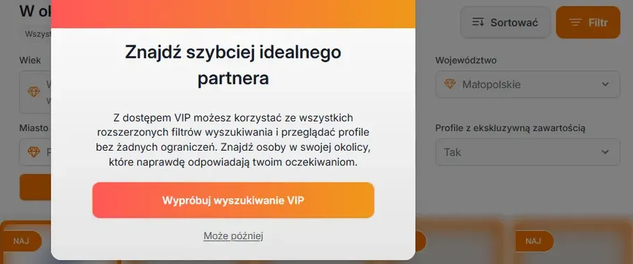 Filtry wyszukiwania SexPrzyjaciolka na koncie Free z okienkiem wyszukiwania VIP