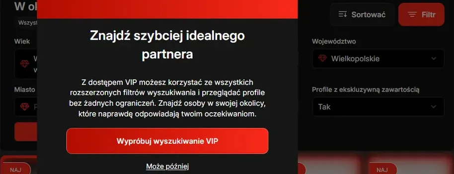 Wyszukiwarka SmDyskretnie na koncie Free: filtry oznaczone diamentem i okno VIP