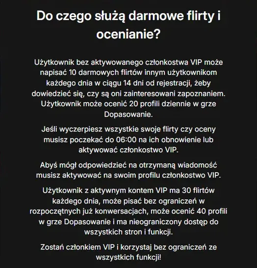 Okienko SmDyskretnie „Do czego służą darmowe flirty i ocenianie?” z limitami konta Free i VIP